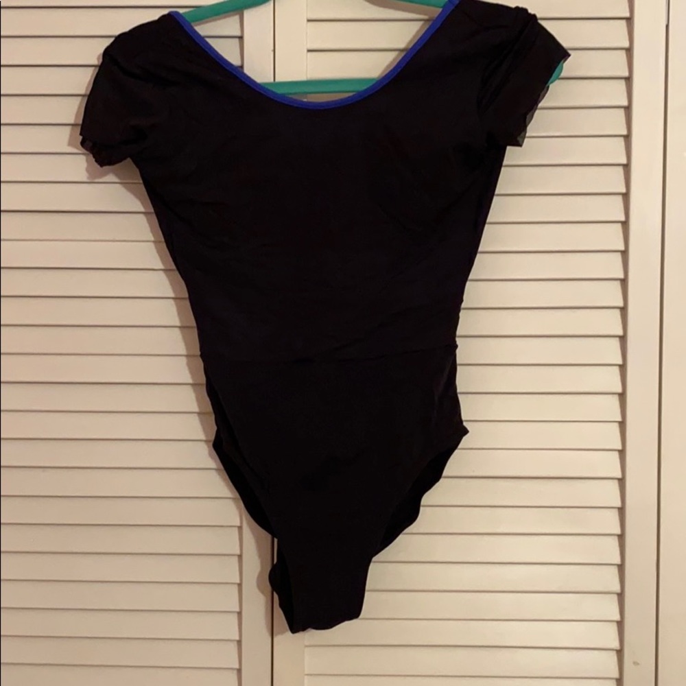 black leotard that shows blue through mesh medium
